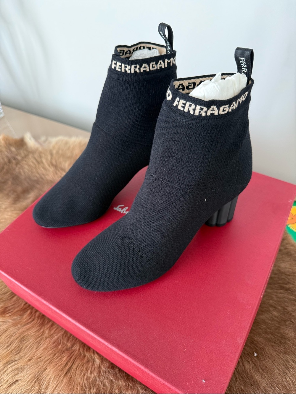 Authentic NWT Salvatore Ferragamo Black Knit Logo-Trim Ankle Booties
